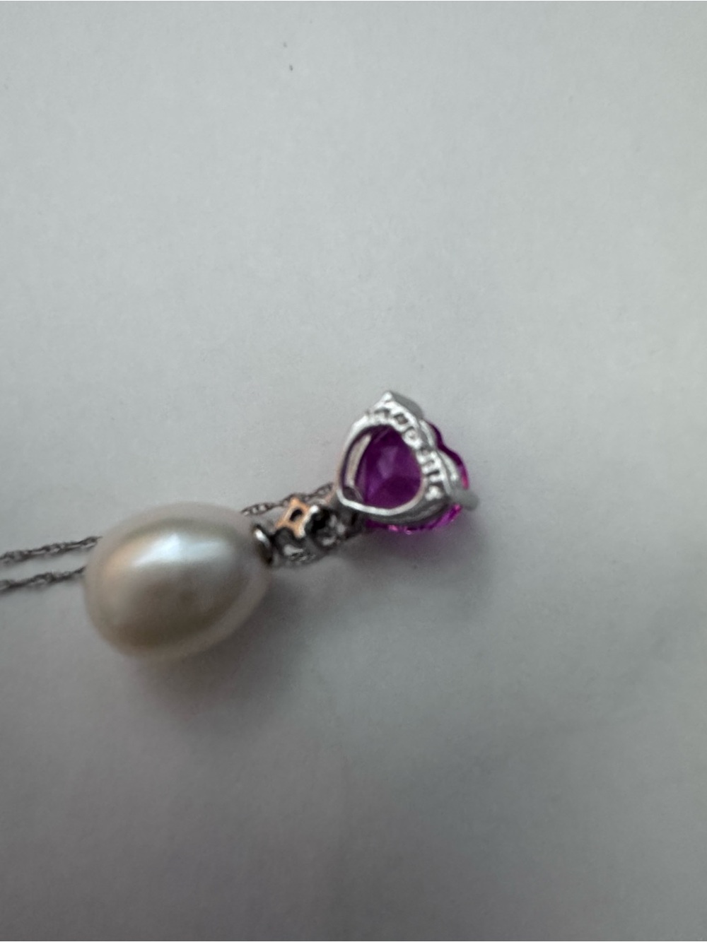 Fine jewelry 10k white gold necklace/pendant pink sapphire fresh water pearl - Picture 5 of 8